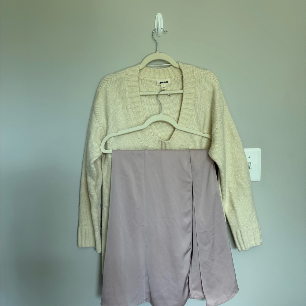Aritzia (Wilfred) Slit Pink Satin Skirt and Open Edit Ivory Sweater SET